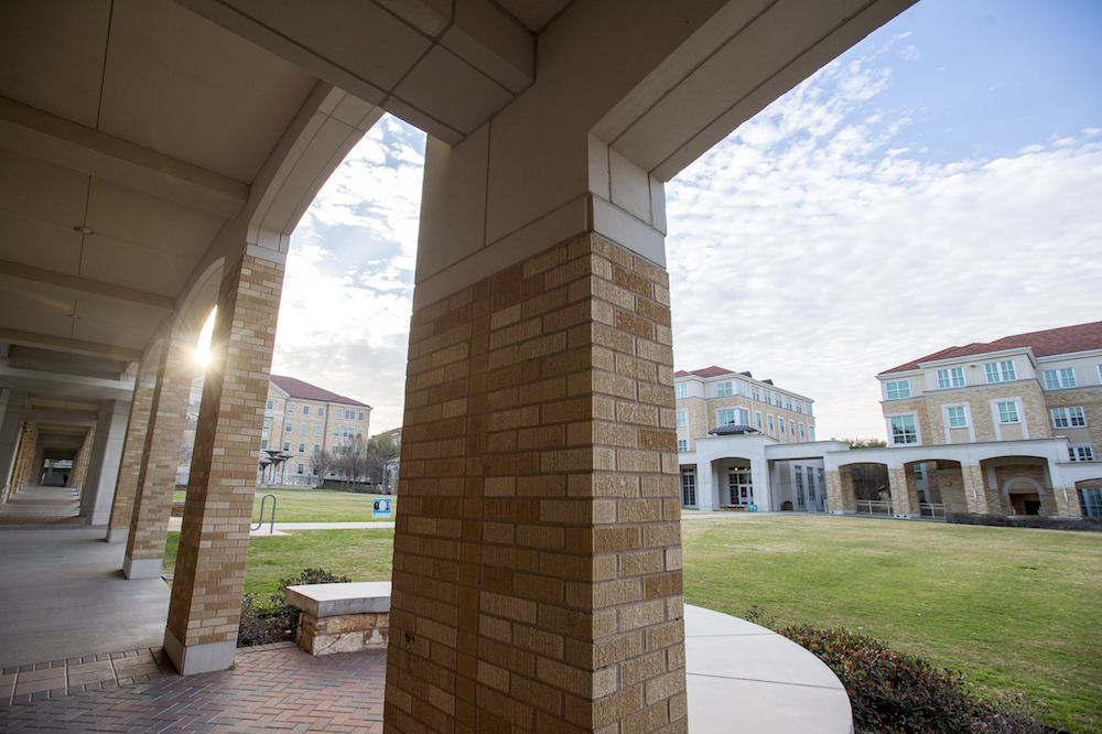 campus lawn through pillars