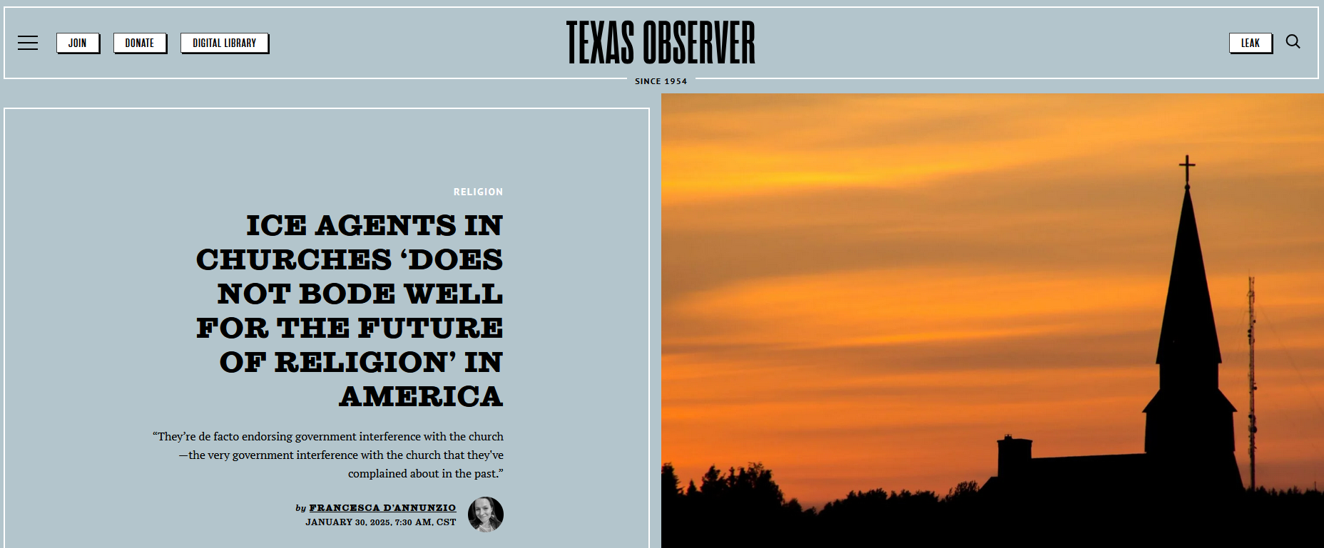 screenshot of texas observer online article