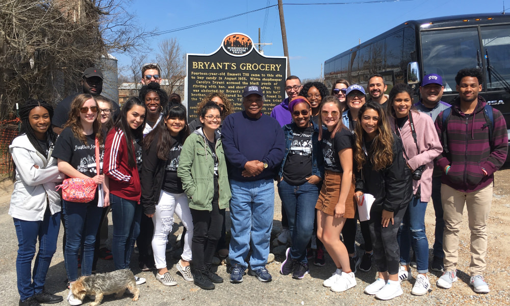 Justice Journey students at the Bryant’s Grocery historical marker, the location of the accusations against Emmett Till.