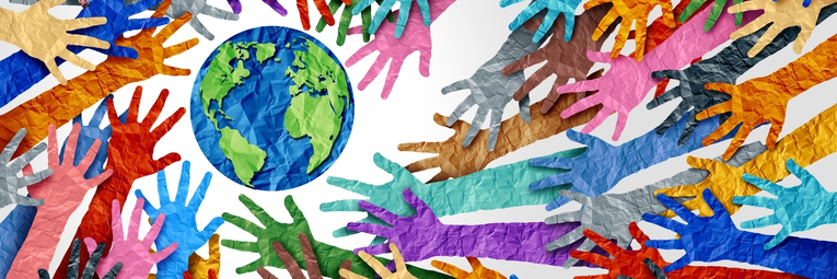 A colorful illustration featuring numerous textured hands reaching towards a small Earth in the center. The Earth is depicted with vibrant blue oceans and green continents against a light background.