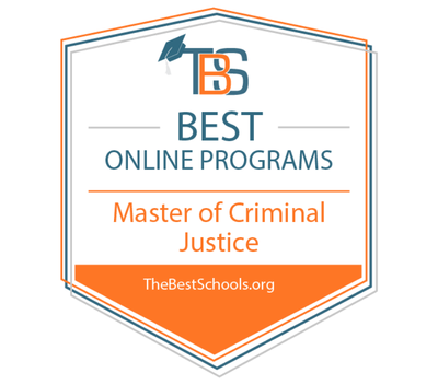 Award images that reads: TBS Best Online Programs Master of Criminal Justice TheBestSchools.org