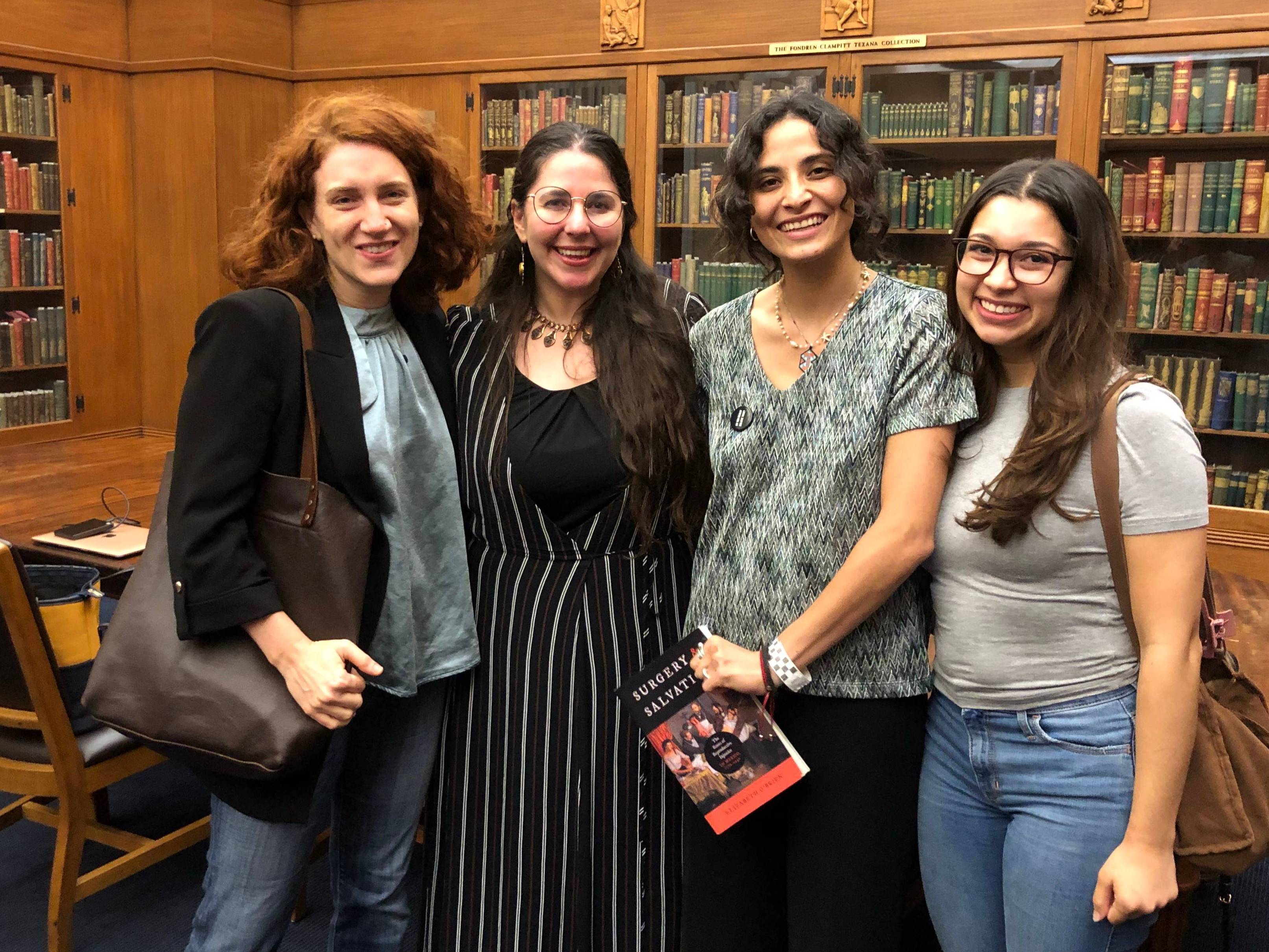 image of graduate students sofia pichardo and lesley rivera with scholar elizabeth o'brien