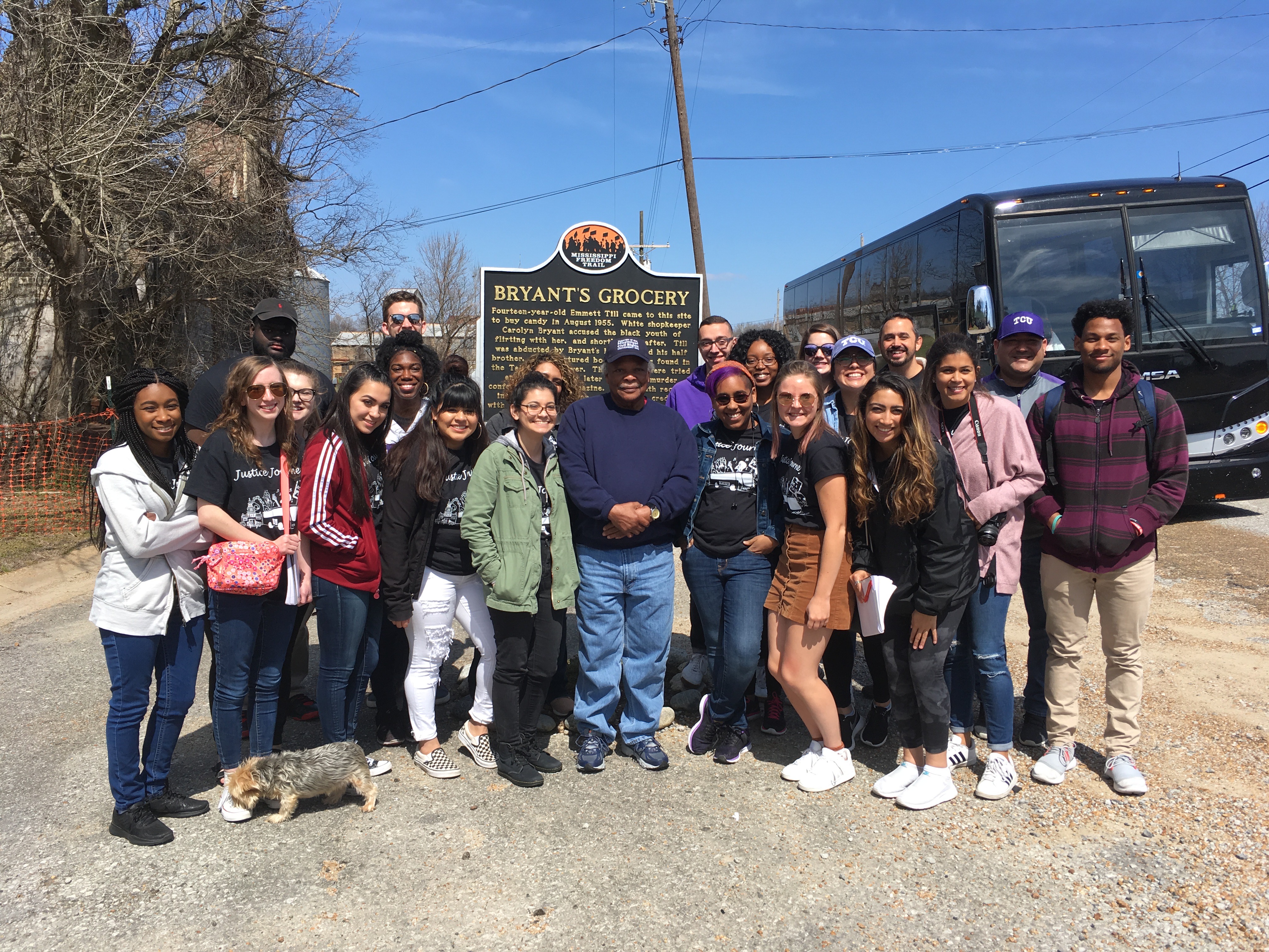 Justice Journey students at the Bryant’s Grocery historical marker, the location of the accusations against Emmett Till.