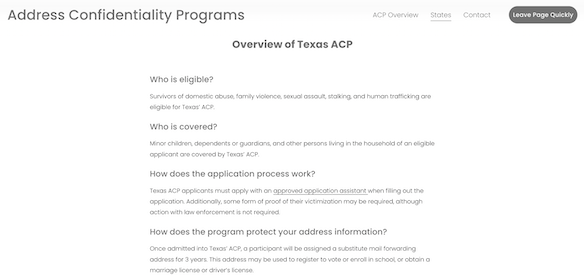 Screenshot of information on Texas' ACP compiled by Emily Farris, Ph.D., and undergraduate research assistant Caledonia “Cal” Strelow.