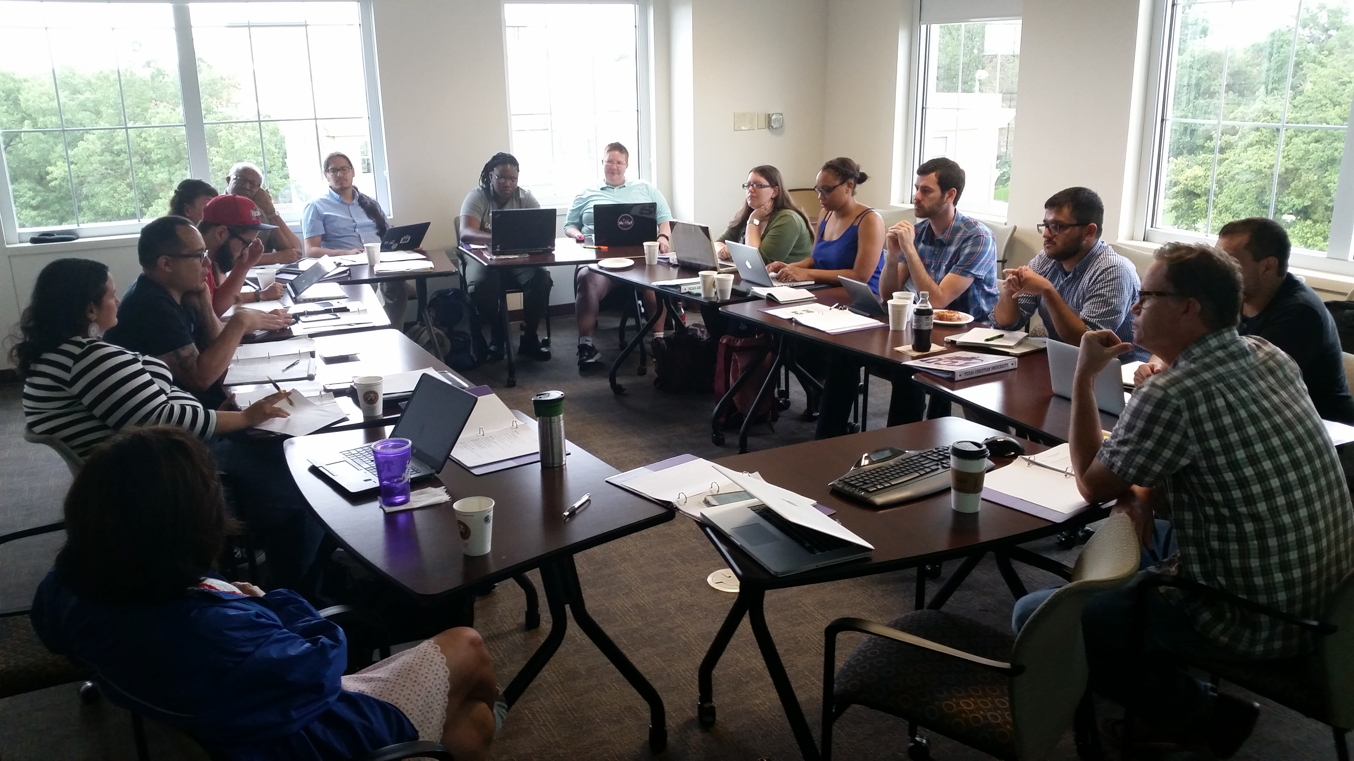 The CRBB research assistants discussing oral history methodology with Todd Moye (front, right) during the project’s summer training seminar at Texas Christian University, Fort Worth, June 2, 2016. Photo courtesy CRBB.