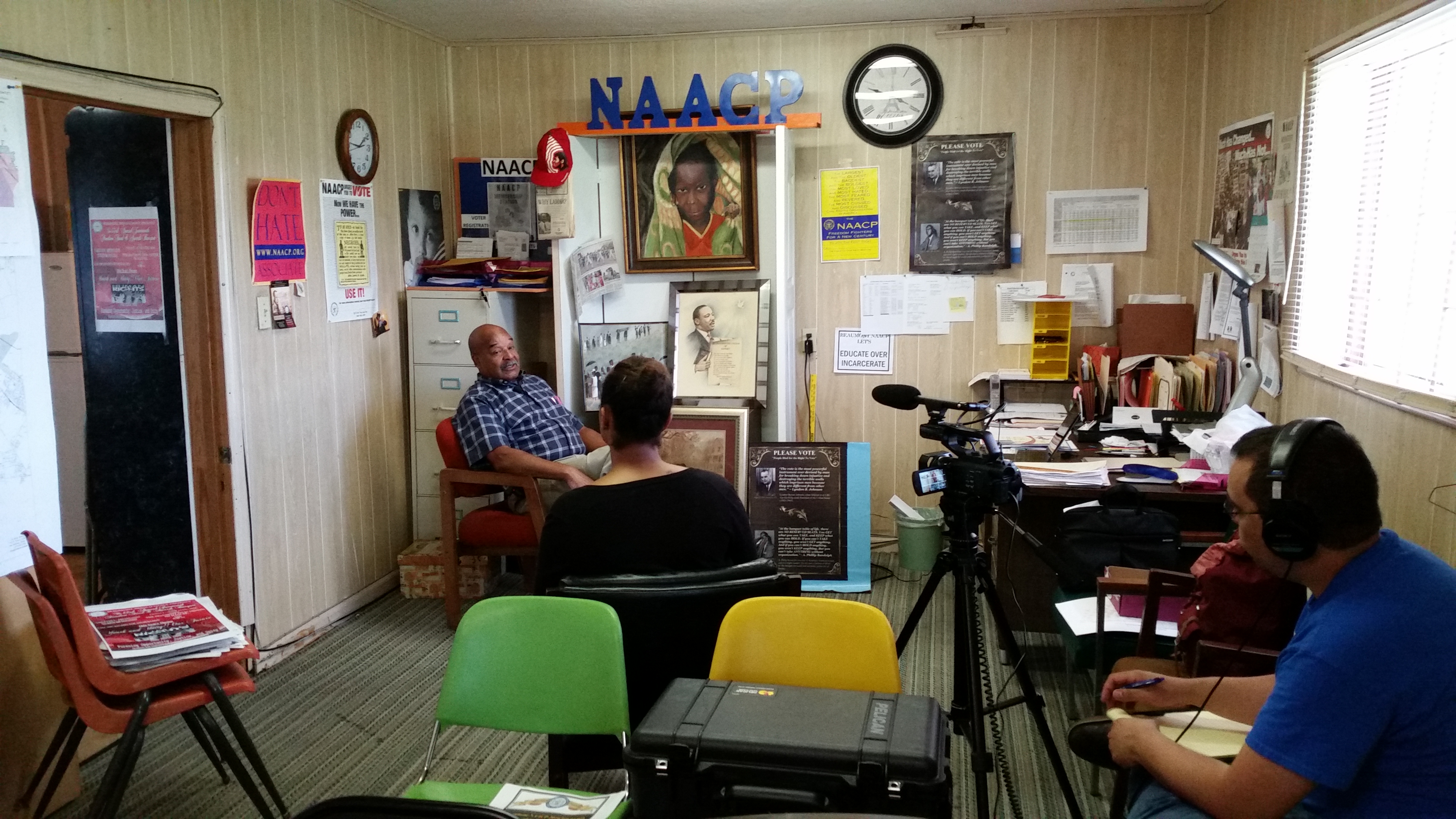 Paul Jones, a local leader of the NAACP, being interviewed by Danielle Grevious and Eladio Bobadilla, Beaumont, Texas, June 7, 2016. Photo courtesy CRBB.