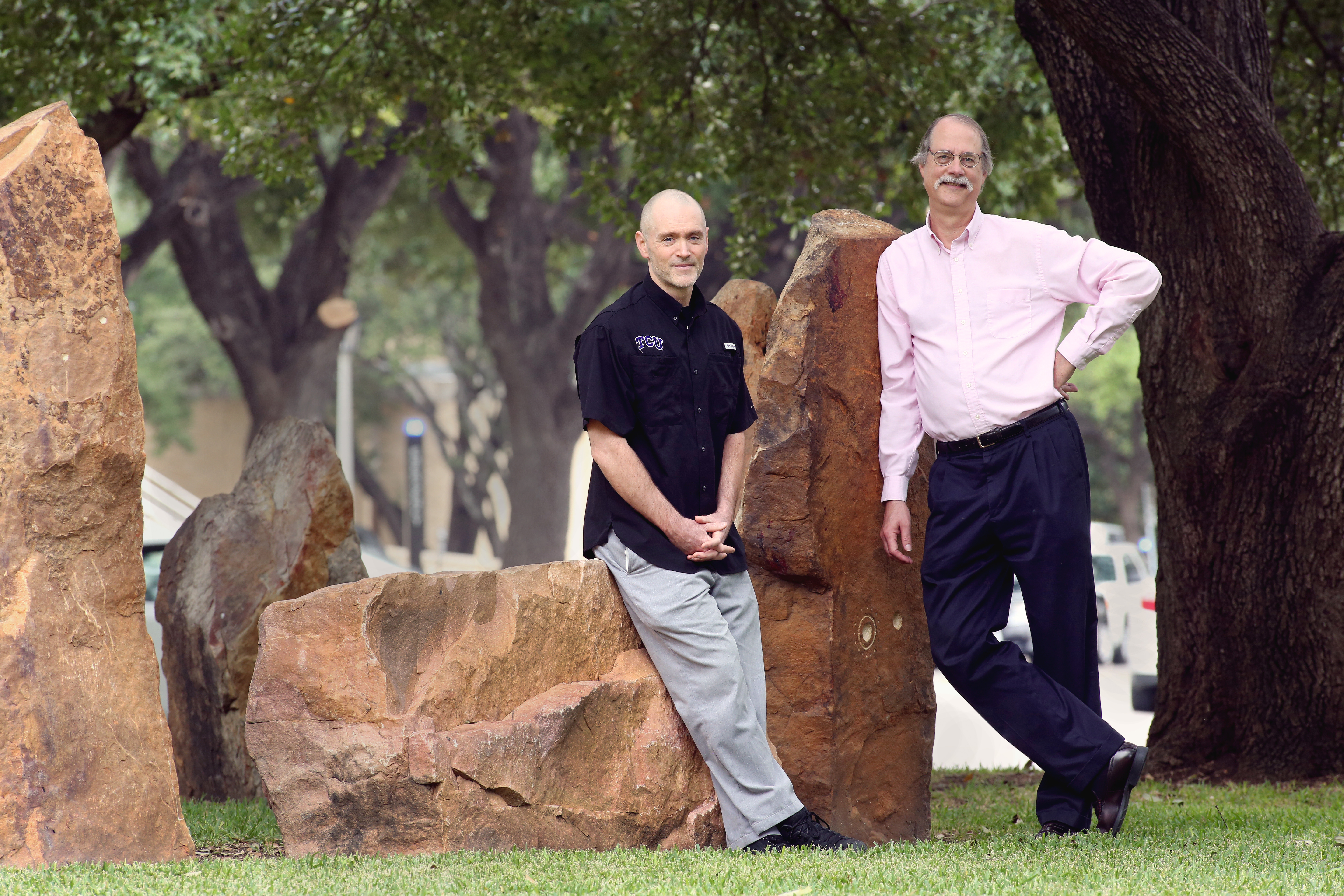 Mark Dennis, Ph.D., and Andy Fort, Ph.D., founders of TCU Contemplative Studies, pose for TCU Magazine in 2017. Credit TCU Marketing & Communication
