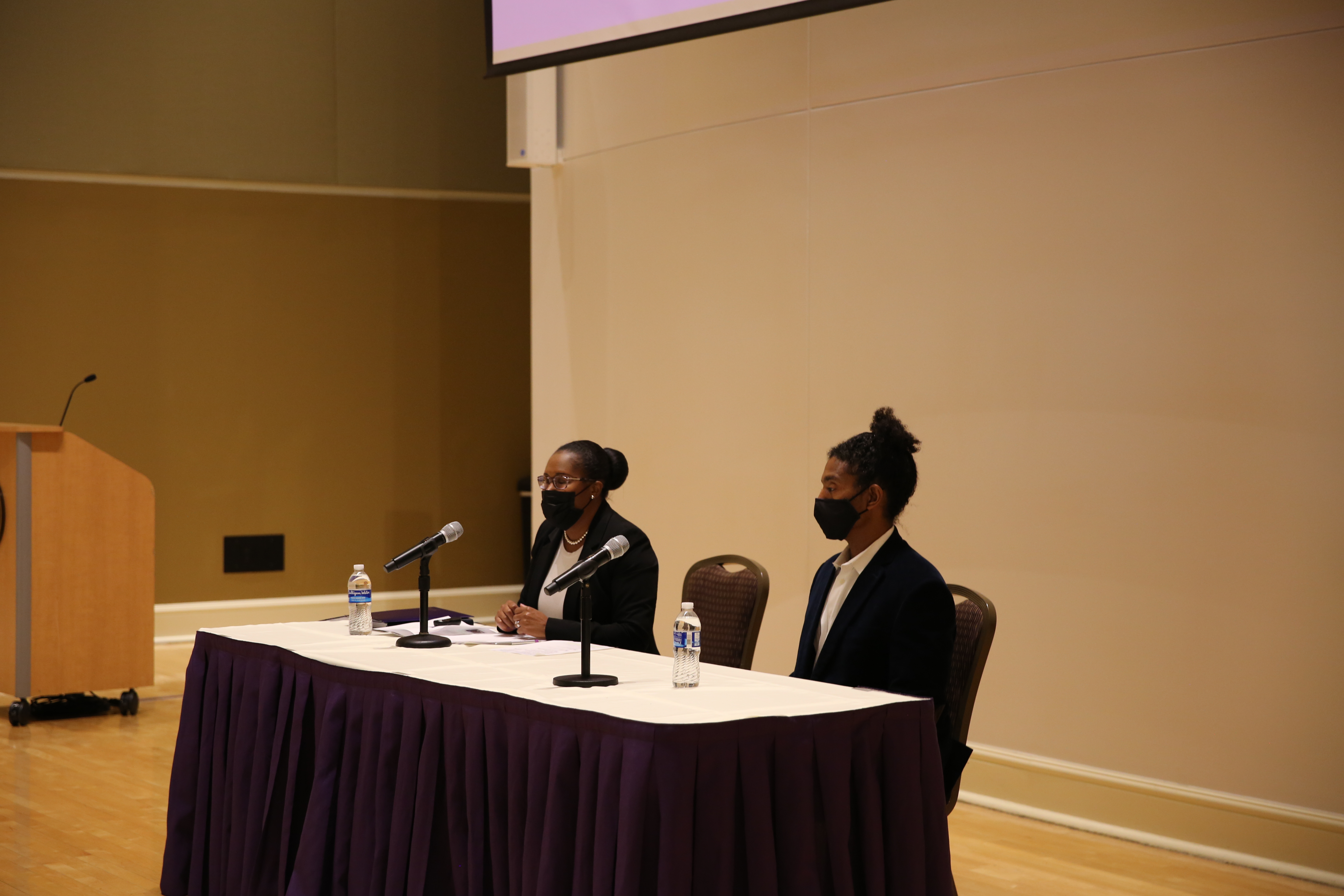 AddRan Dean Sonja Watson, Ph.D., answers an audience question while Frederick Gooding, Ph.D., looks on during the "Symposium on Afro-Latin American History and Culture 2021."