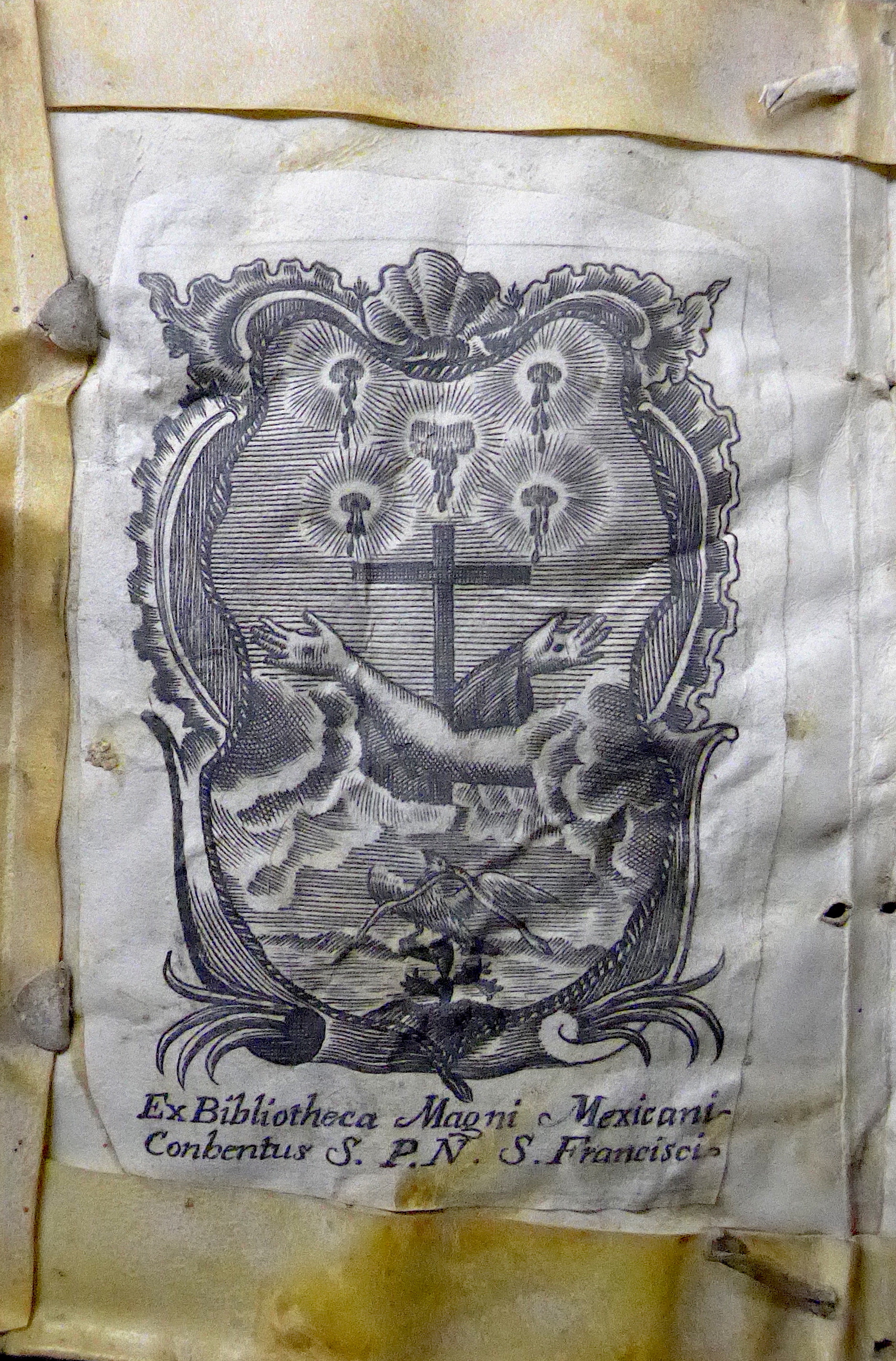 Bookplate from the library of the convent of St Francis, one of the most influential religious precincts in the New World. Established in Mexico City in 1525, the library held over 16,000 volumes in the eighteenth century. In Juan Bautista, Admonitions for Confessors (Mexico City, 1601).