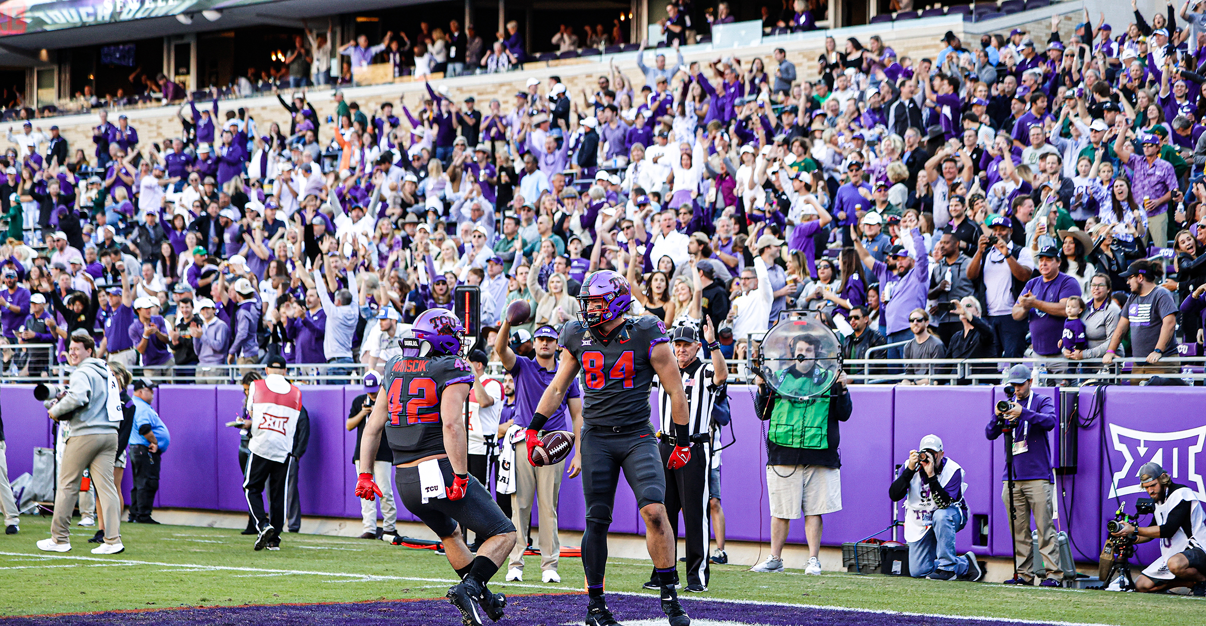 Dominic DiNunzio celebrating first career touchdown in the endzone. 