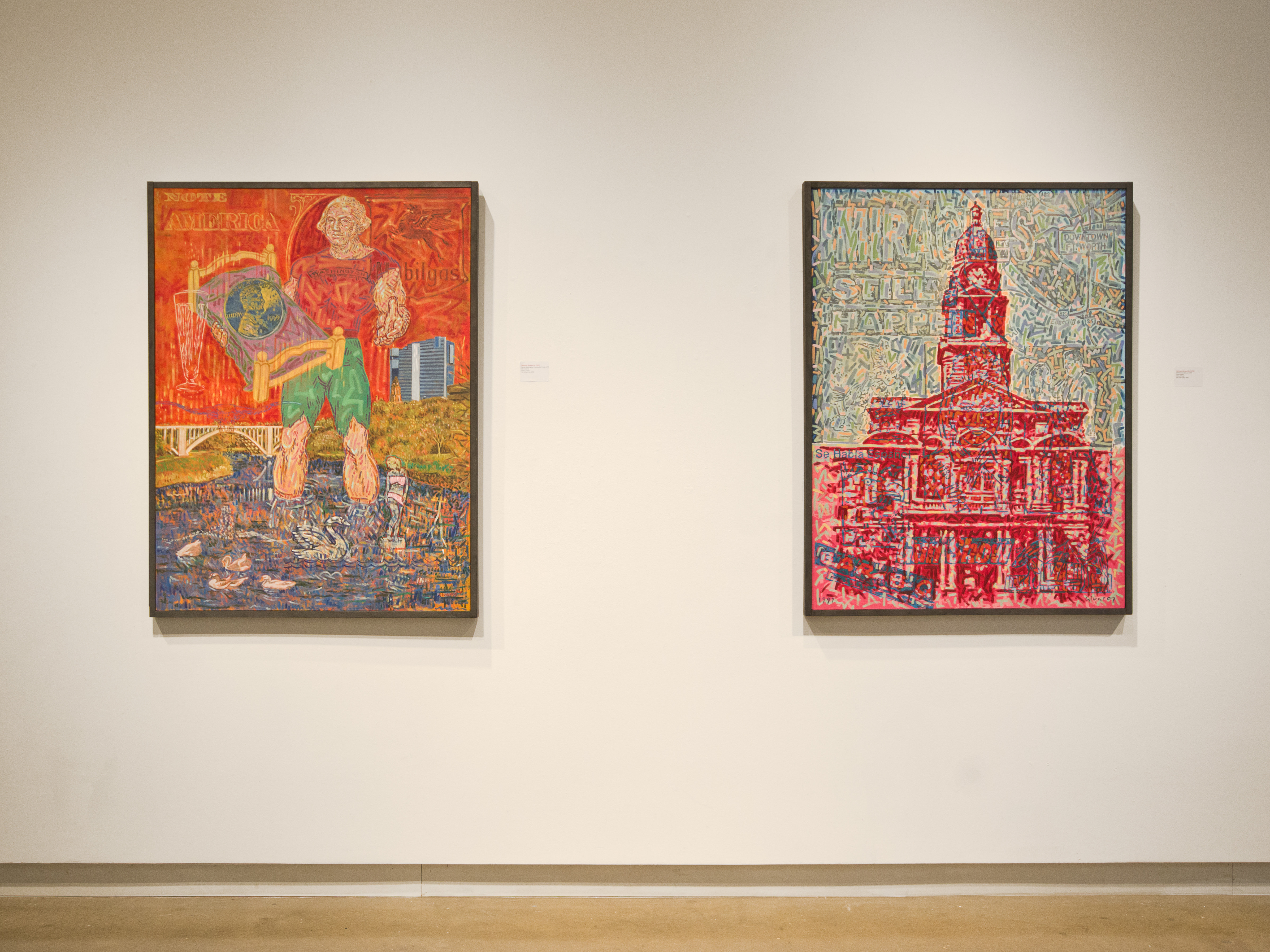 B 15-02-6.From the exhibit "States of the Union: Highlights from the TCU Permanent Collection", The Moudy Gallery, January 20-February 19, 2015. View of two works by Antonio Alvarez (b.1959). Left: George Washington Crossing the Trinity, 1999, oil on canvas; right: Medium Courthouse, 1999, oil on canvas. Both works gifted by the artist to TCU in 2000.