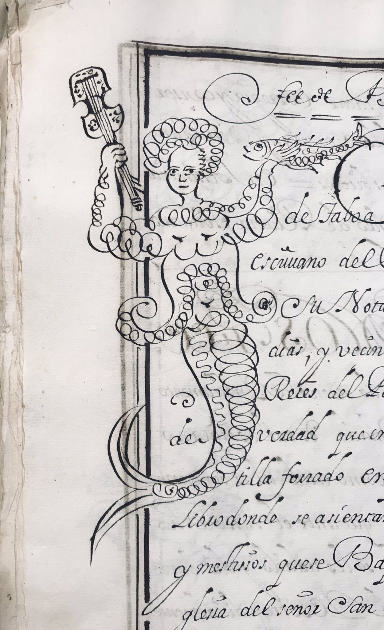 Detail of a mermaid holding a violin and a fish, in Marcelo de Ayala M. Benavides y Arce’s title of nobility, Lima, 1696. Titles of nobility served to petition the Crown for special privileges and they often included coats of arms, genealogical trees, and decorations such as mythical creatures.