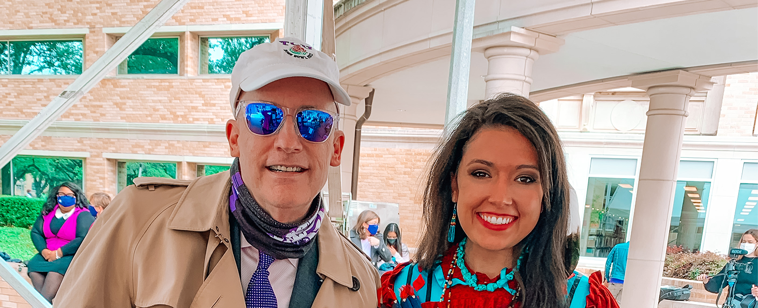Haylee Chiariello, left, poses with TCU Chancellor Victor Boschini, Jr., Ph.D., on Reconciliation Day in 2021