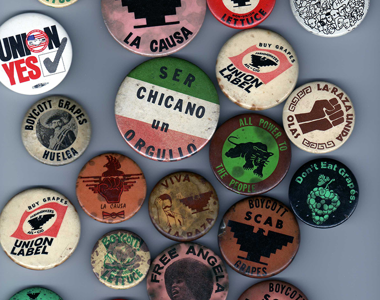 Collection of activism buttons from the Mexican American community. Credit HOLA Tarrant County.