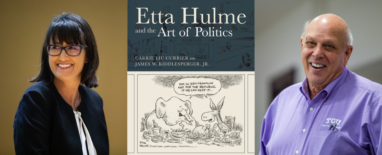 Carrie Currier and Jim Riddlesperger smile, standing indoors holding their book titled "Etta Hulme and the Art of Politics." 