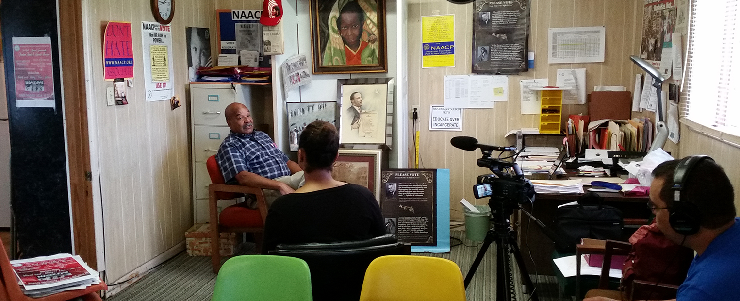 Paul Jones, a local leader of the NAACP, being interviewed by Danielle Grevious and Eladio Bobadilla, Beaumont, Texas, June 7, 2016. Photo courtesy CRBB.
