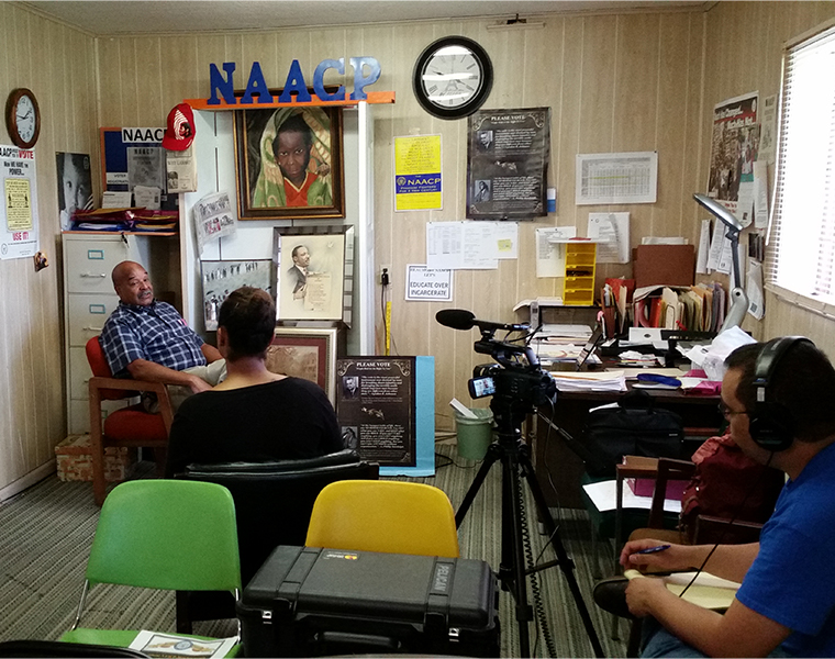 Paul Jones, a local leader of the NAACP, being interviewed by Danielle Grevious and Eladio Bobadilla, Beaumont, Texas, June 7, 2016. Photo courtesy CRBB.
