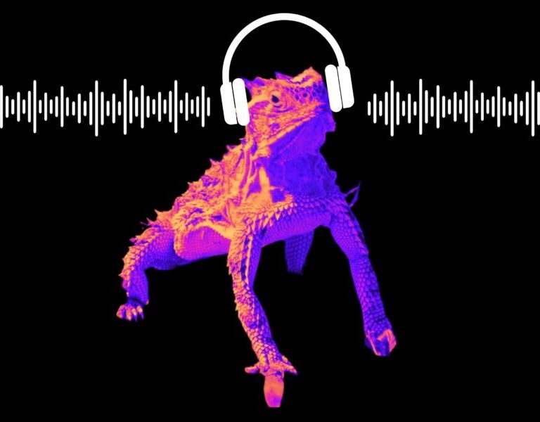 Horned lizard wearing headphones with audio waves in background