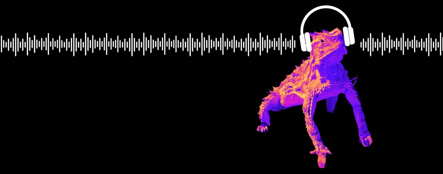 Horned lizard wearing headphones with audio waves in background