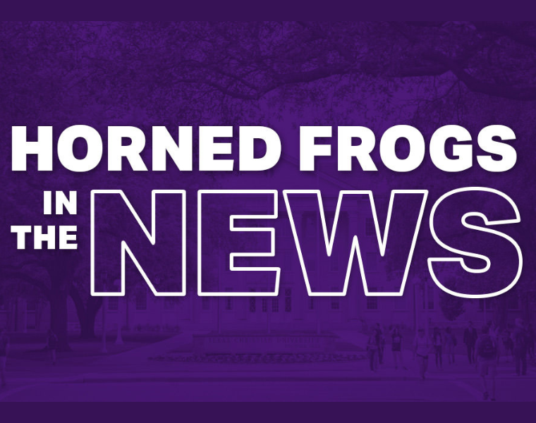 Purple rectangle with white text that reads Horned Frogs in the News.
