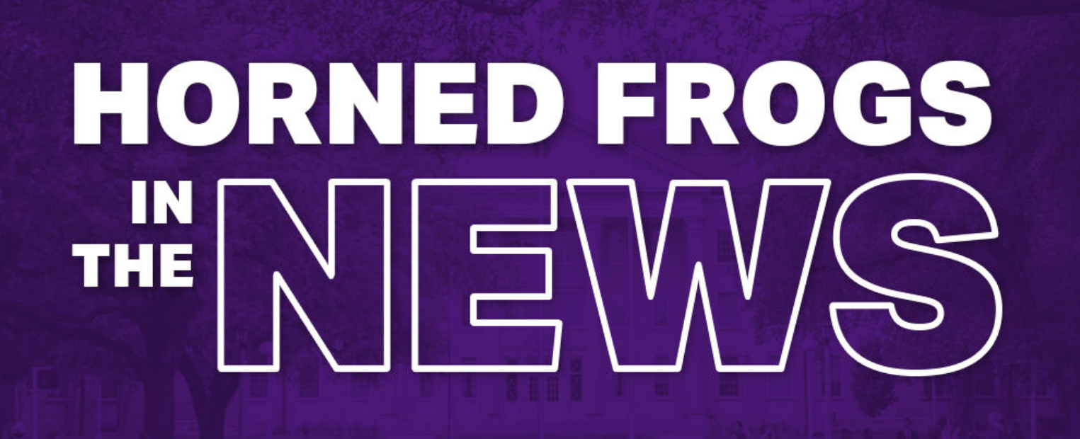 Purple rectangle with white text that reads Horned Frogs in the News.