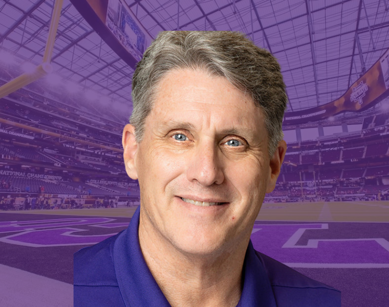 Headshot of Keith Gaddie with a picture of the College Football Playoff in the background.