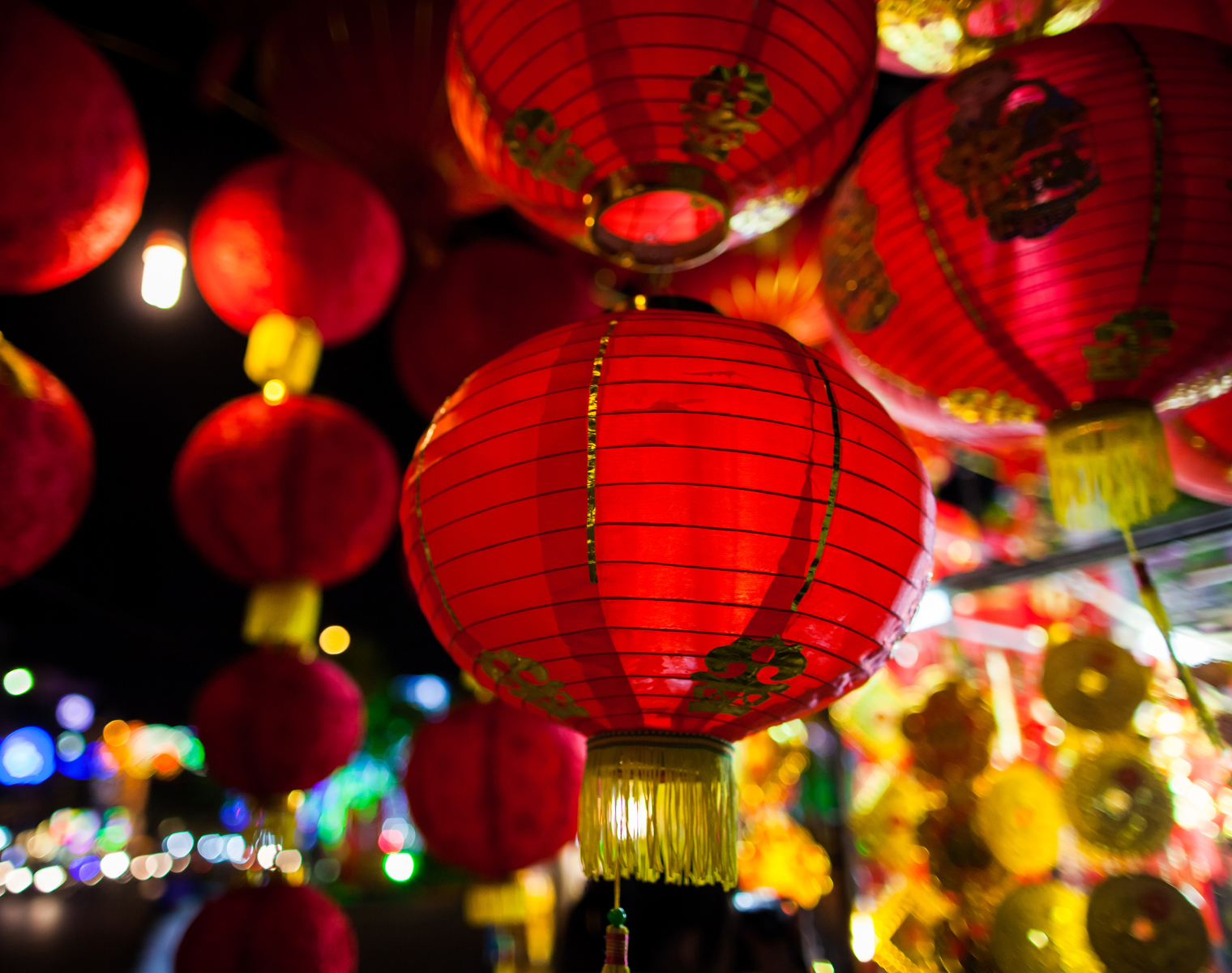 Lunar New Year lanterns glow.