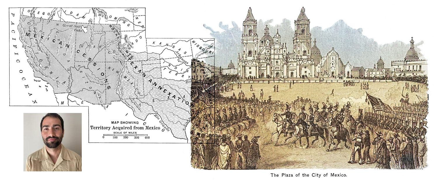 Collage showing Plaza of the City of Mexico and a portrait of Edgar Campos