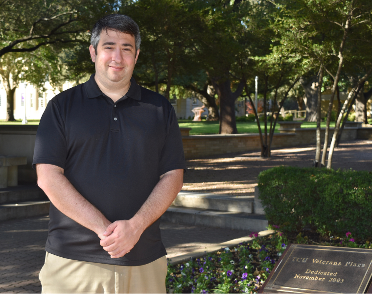 Picture of Matthew Kotowski in TCU's Veterans Plaza.