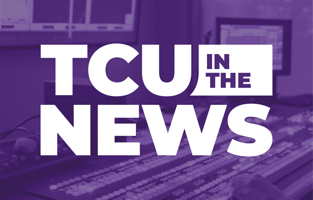 Image showing a person operating a soundboard in a control room, with the text "TCU in the News" in bold white letters.